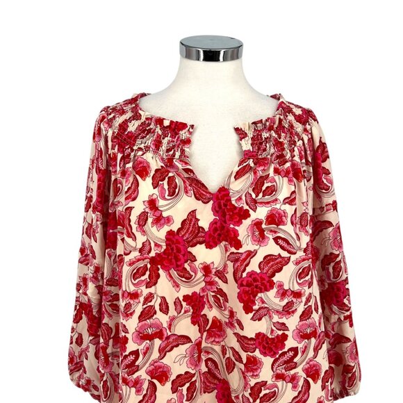 Rose + Olive Floral Smocked Puff Sleeve Blouse Red Pink Ivory Size Large - Picture 2 of 12